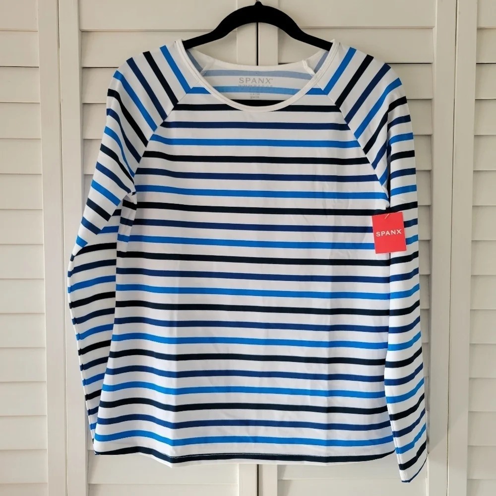 Spanx Ocean Stripe Coastal Blue Long Sleeve Swim Shirt Top Size M NWT